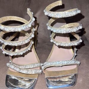 Gold Beaded Spiral-Strap Women's Heels